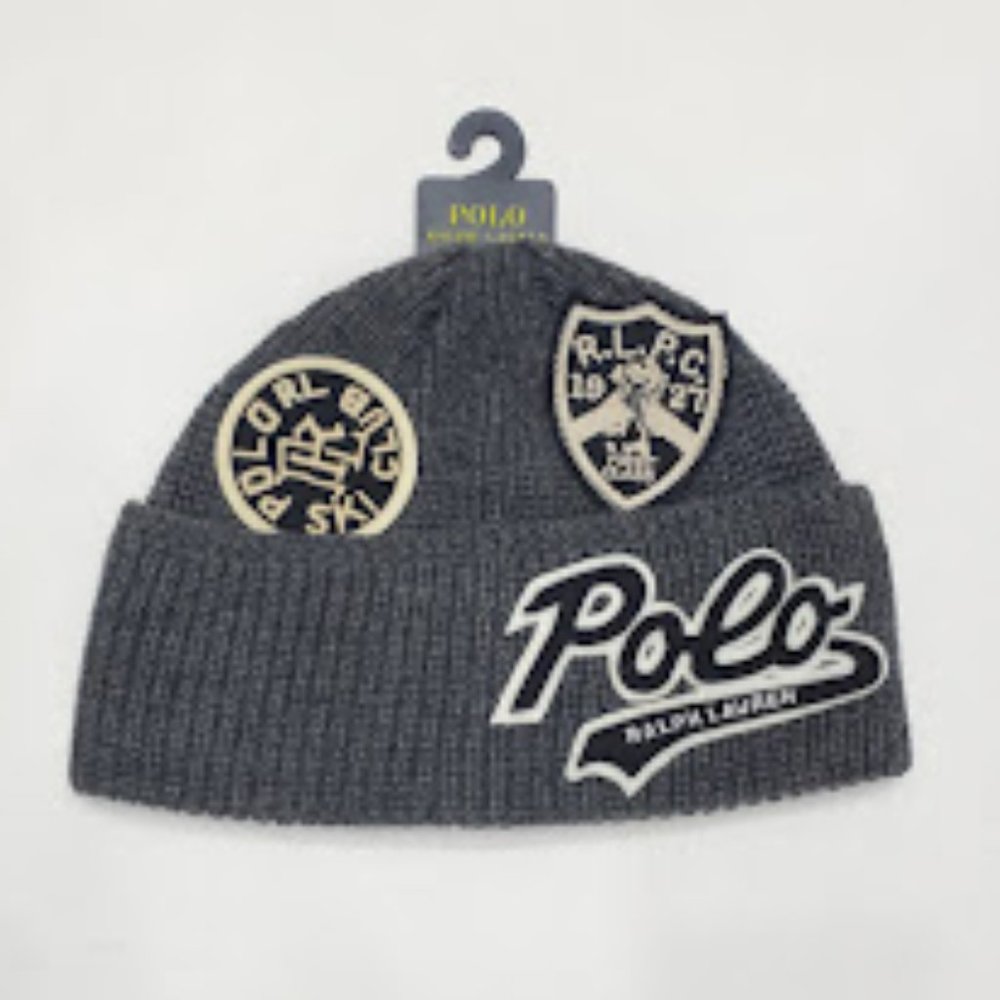 New Polo Ralph Lauren Grey Patches Beanie Snowbeach Pwing Stadium 1992